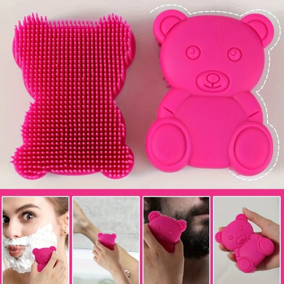 Hot Electric Pink Teddy Bear Silicone Face Body Bath Scrubber Exfoliation Kawaii - Picture 1 of 3